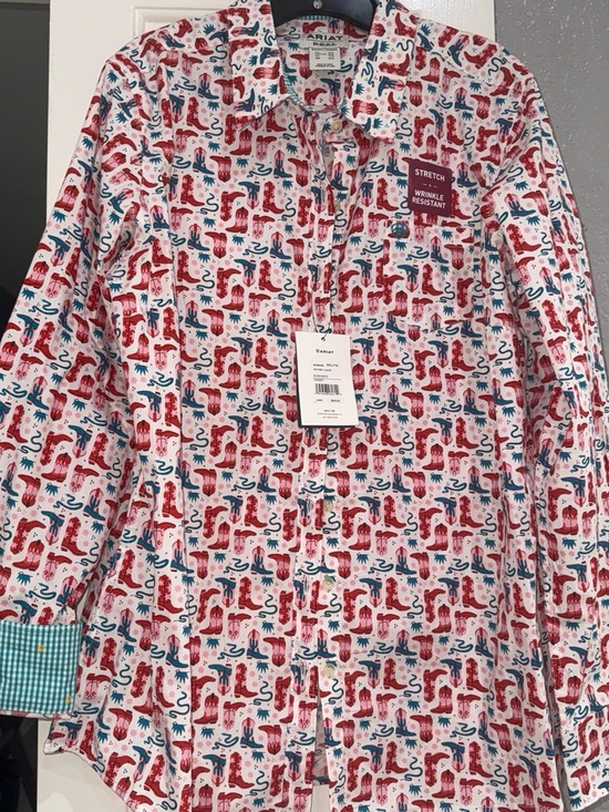 Ariat Tops - Ariat White Button-Down Shirt with Red and Teal Boot Print